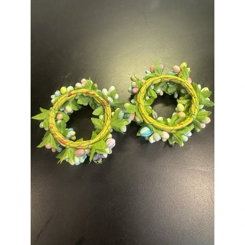 2 Country Primitive Cream & Pink & Blue & Green Floral Mini Wreath Rings